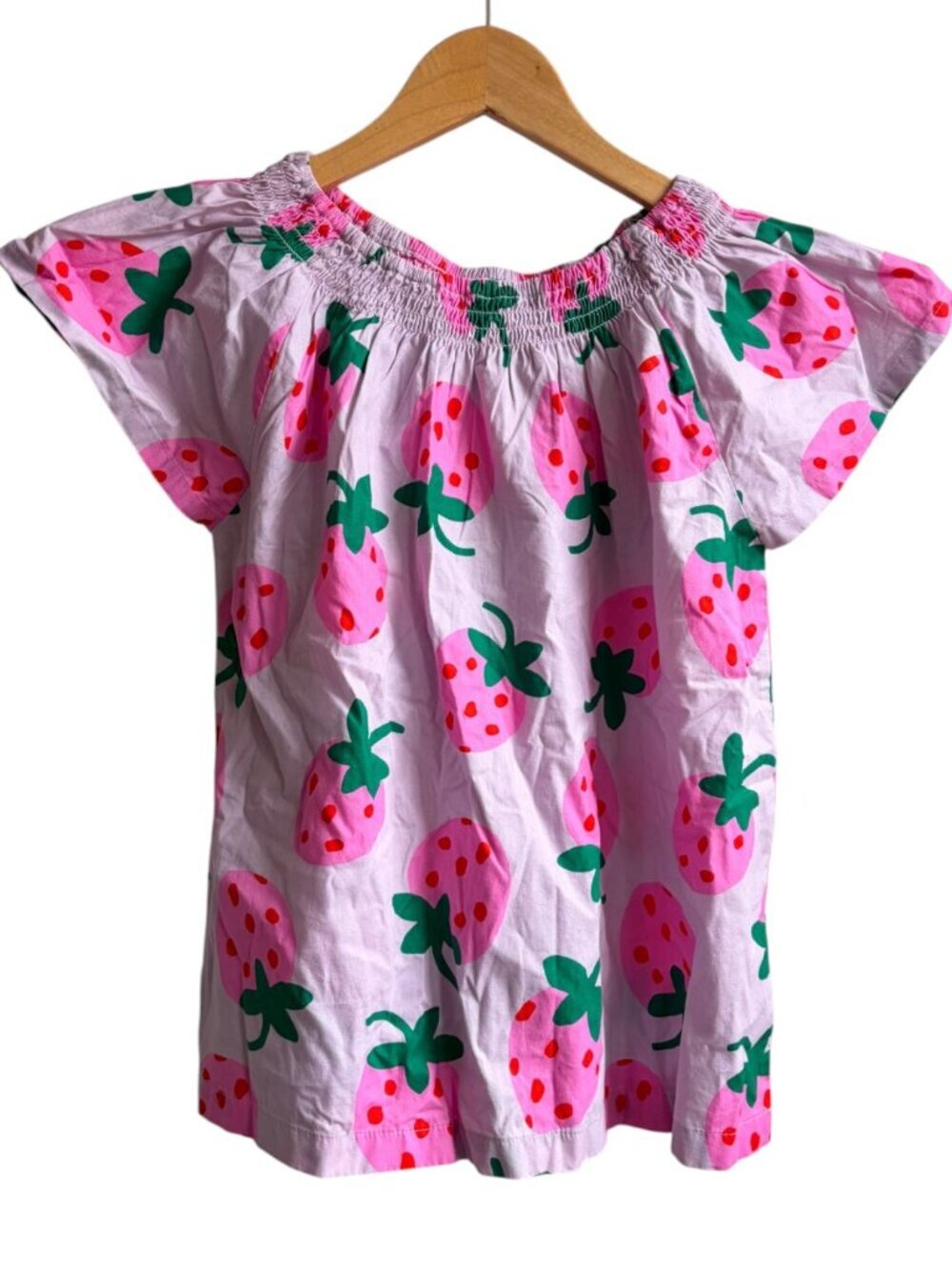Hanna Andersson Smocked Cotton Strawberry shirt flutter sleeve Girls size 10